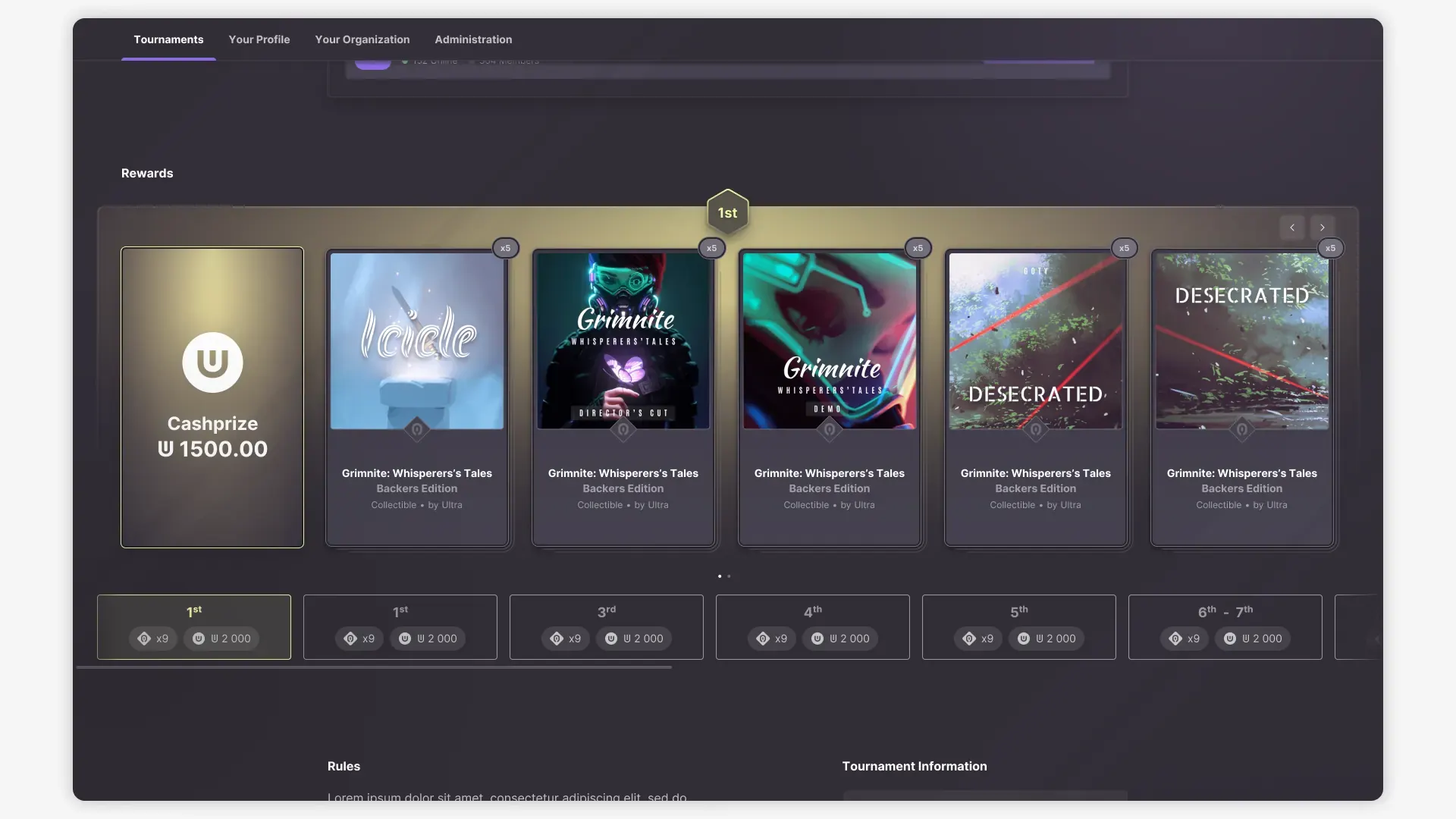 Page d’un tournoi Ultra Arena avec ses récompenses