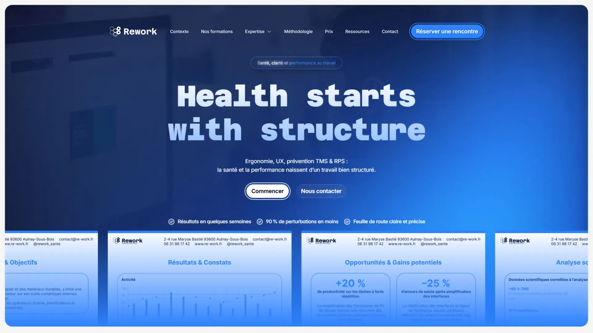 Page d’accueil du site Rework, « Health starts with structure », et extraits de rapports d’audit