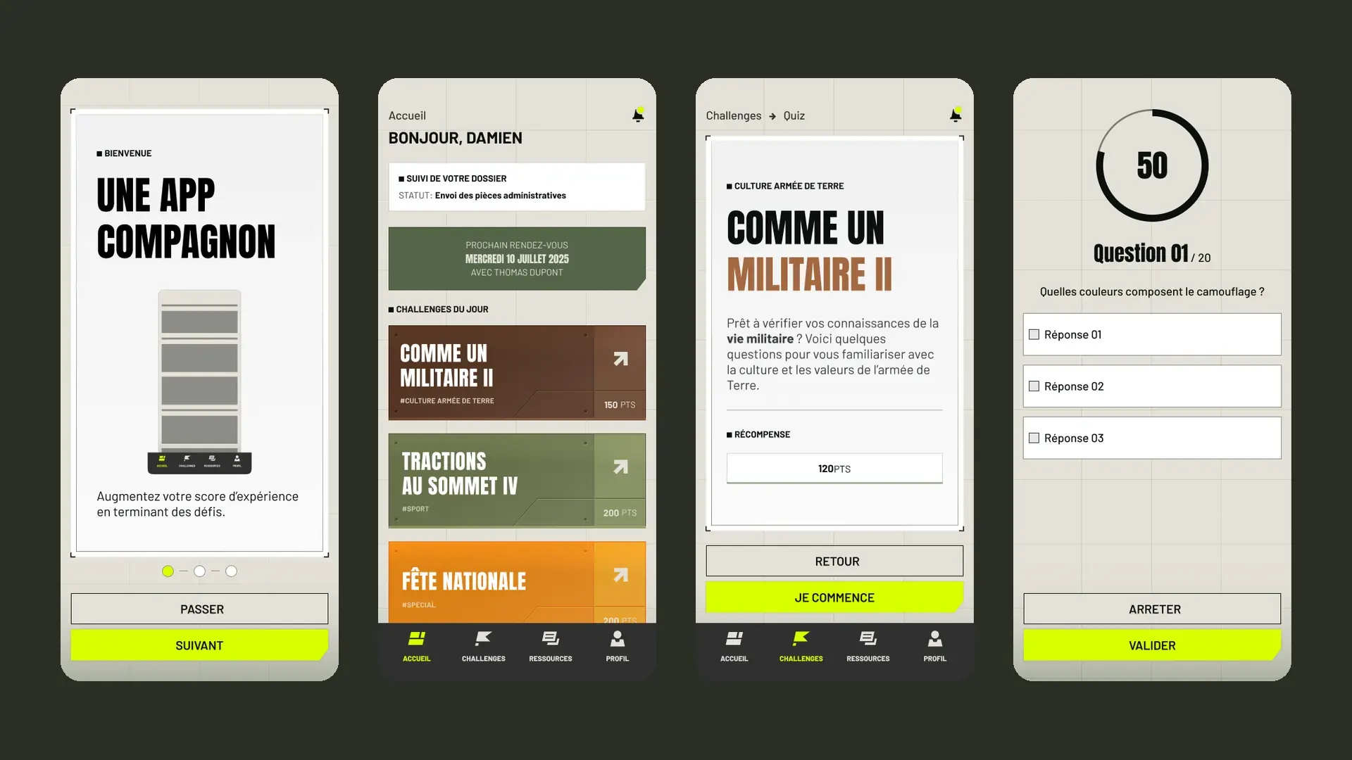 Quatre écrans de l’app compagnon : bienvenue, accueil candidat, défi culture militaire et quiz