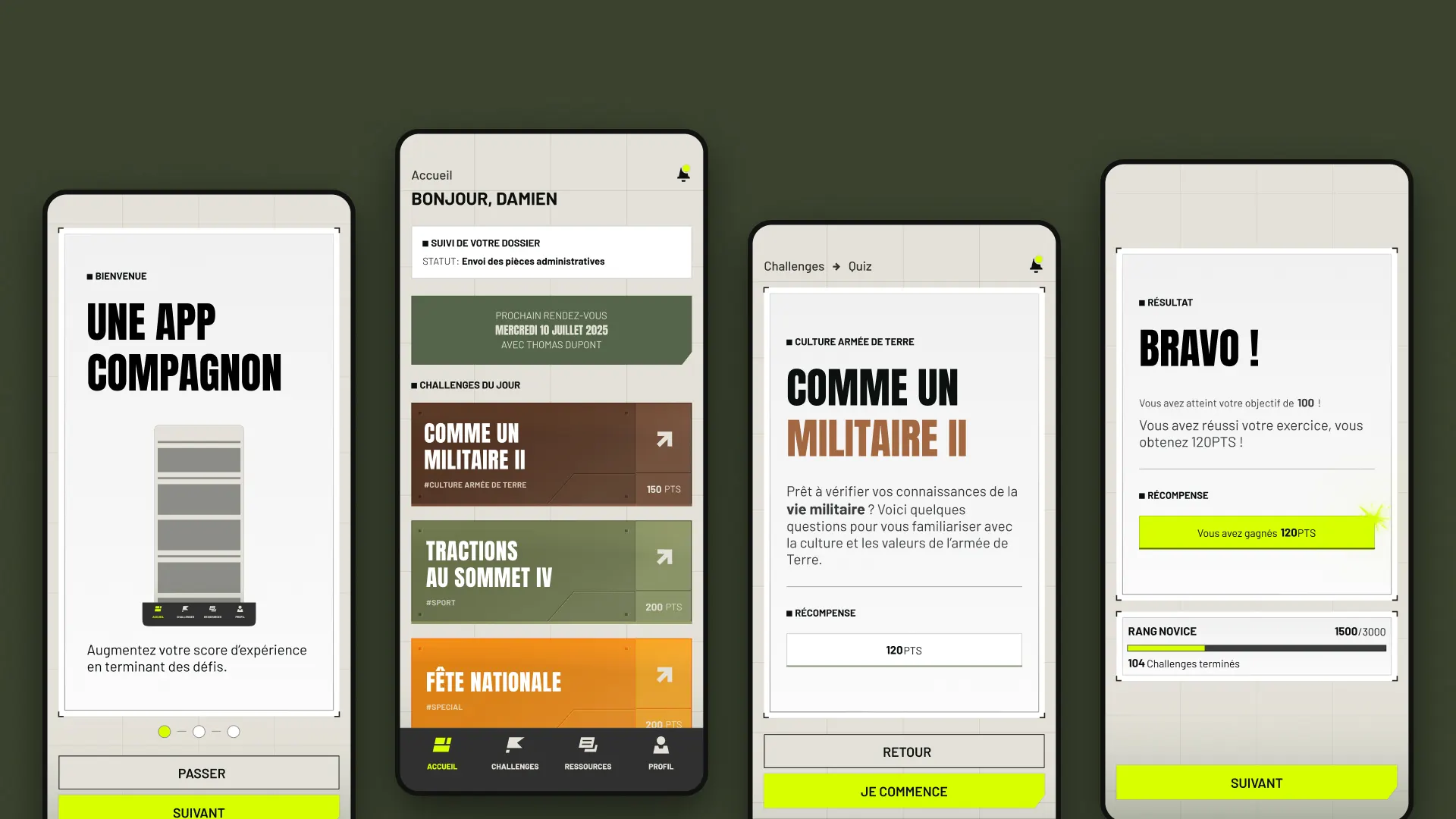 Quatre écrans de l’app compagnon : bienvenue, accueil candidat, défi culture militaire et quiz