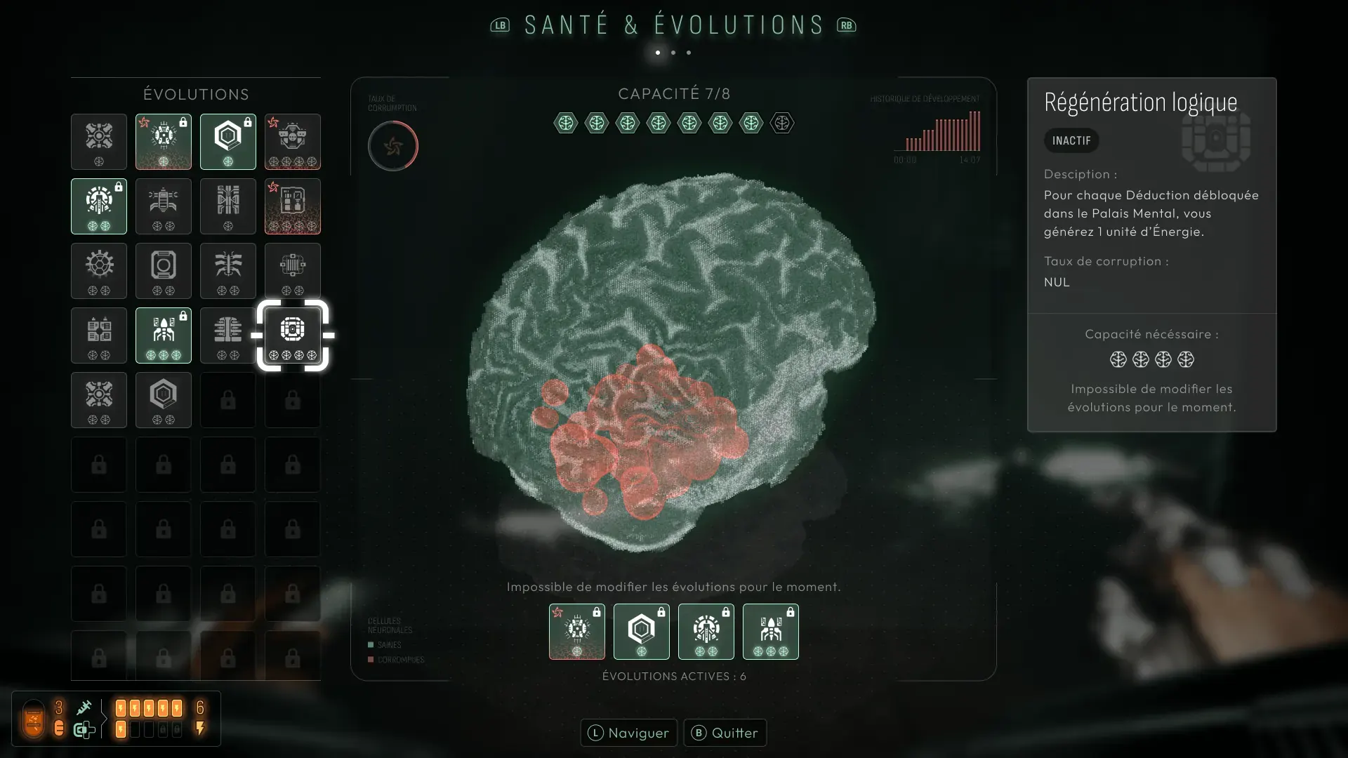 L’écran Santé & Évolutions : cerveau du personnage et évolutions actives