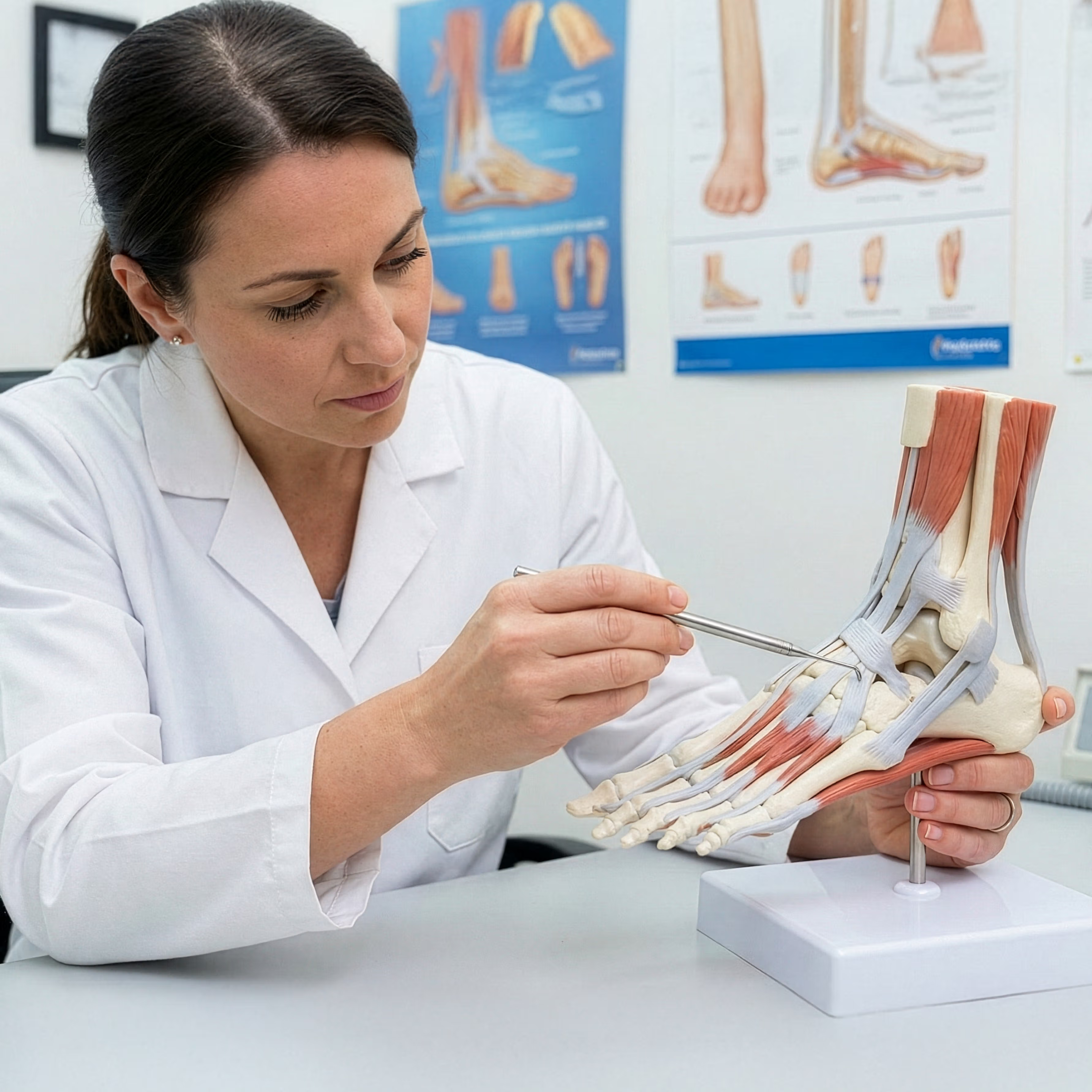 A podiatrist examining a foot anatomy model in a clinical setting