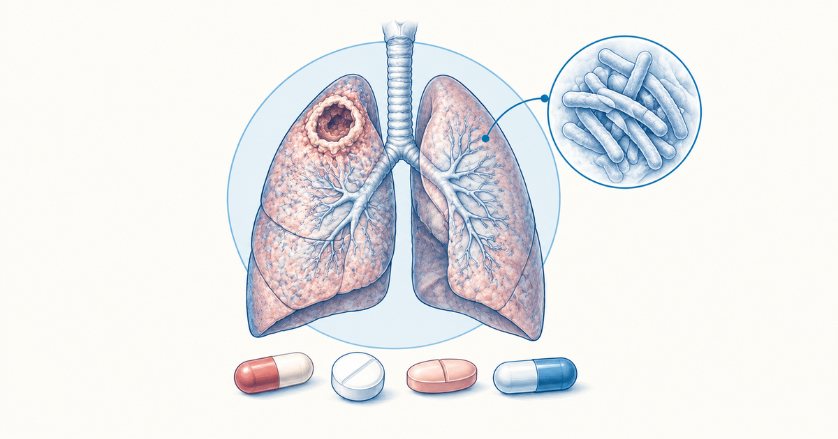 Lungs with a cavitating apical TB lesion, a bacilli close-up and four tablets for antitubercular drugs