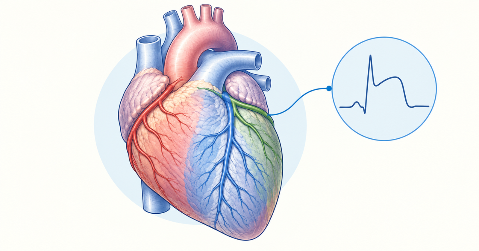 Heart with LAD, circumflex and right coronary artery territories shaded, plus ST-elevation ECG inset, MI localisation