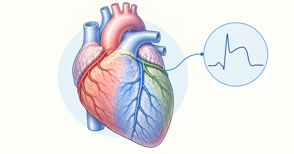 Heart with LAD, circumflex and right coronary artery territories shaded, plus ST-elevation ECG inset, MI localisation