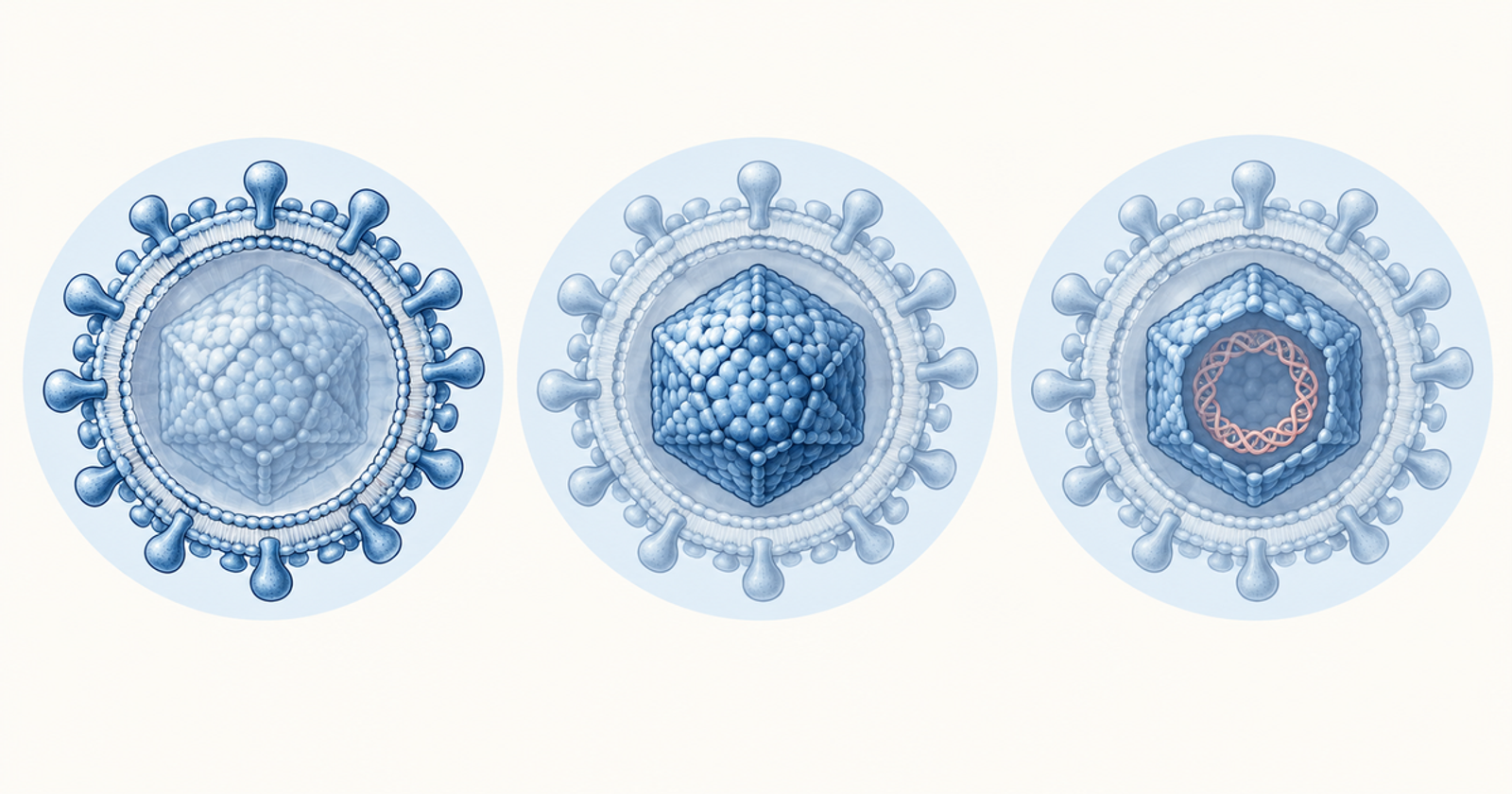 Three Dane particle cross-sections of hepatitis B virus showing envelope, core capsid and DNA genome, for serology