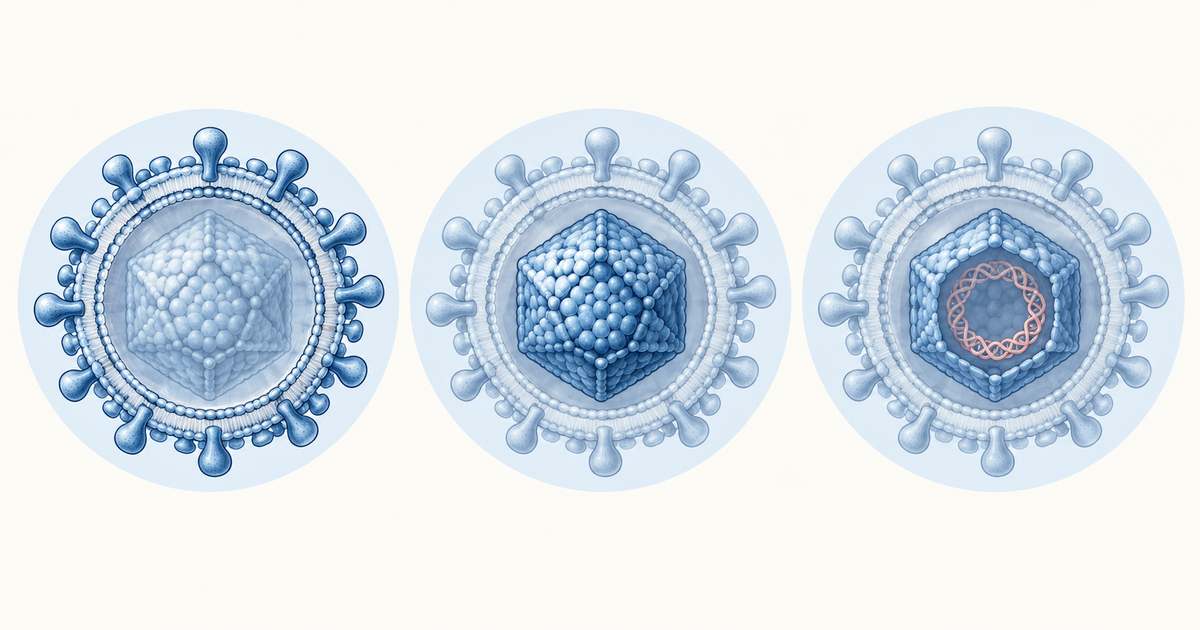 Three Dane particle cross-sections of hepatitis B virus showing envelope, core capsid and DNA genome, for serology