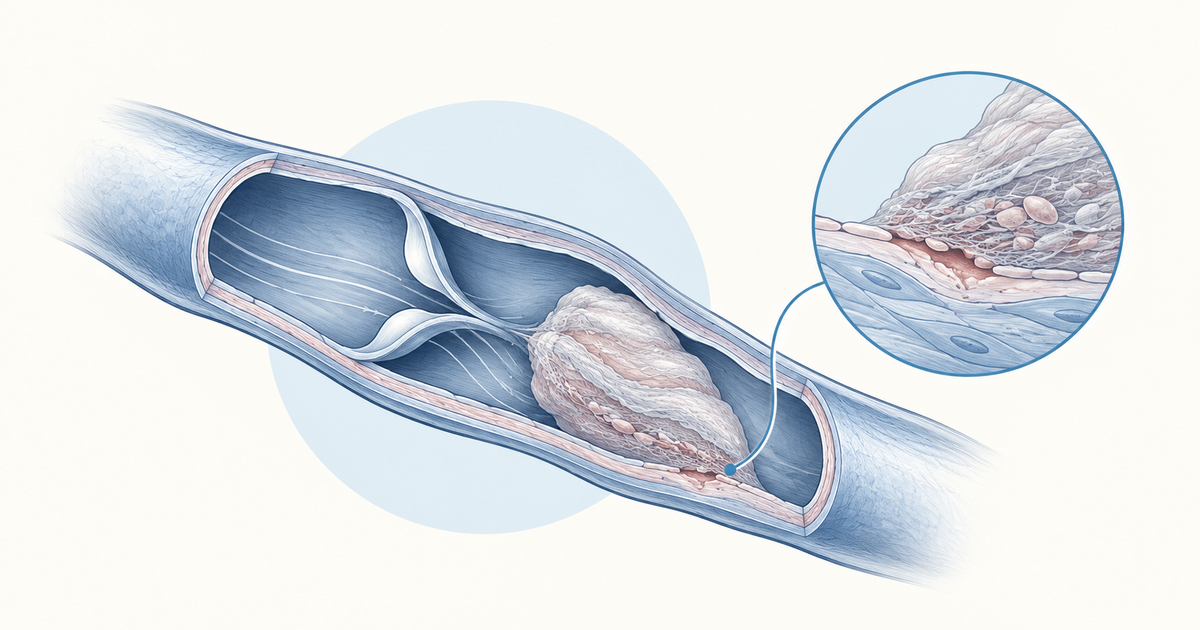 Cutaway of a deep leg vein with open valves and a pale thrombus on the wall, with an endothelial inset: Virchow triad