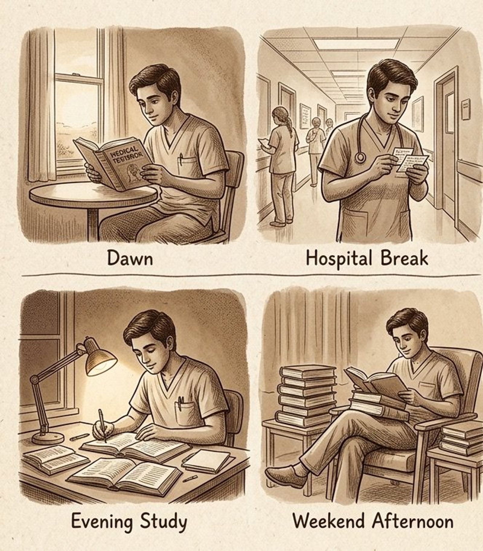 A working doctor's study day: dawn, hospital break, evening study and weekend revision