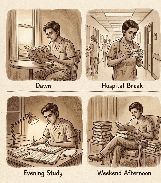 A working doctor's study day: dawn, hospital break, evening study and weekend revision