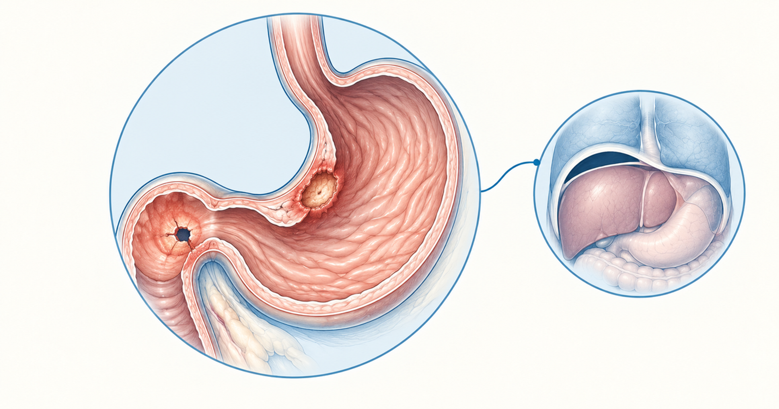 Peptic ulcer: stomach cutaway with gastric and perforated duodenal ulcers, inset of air under diaphragm