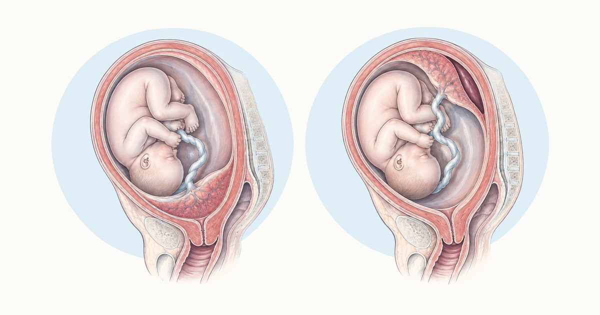 Two sagittal uterus views: placenta previa covering the cervical os and abruptio placentae with a retroplacental clot