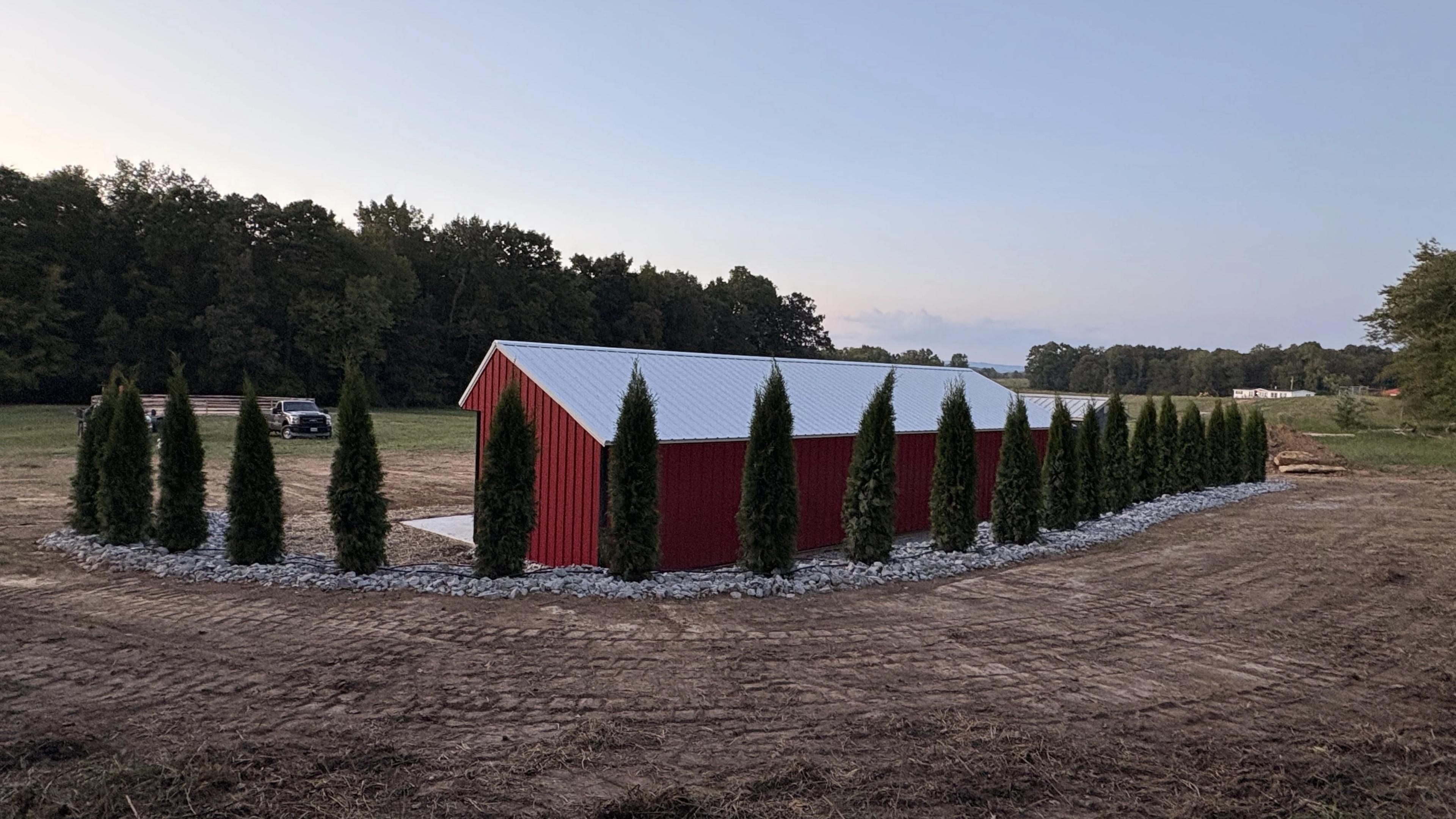 Outdoor shed with landscaping and hardscaping done