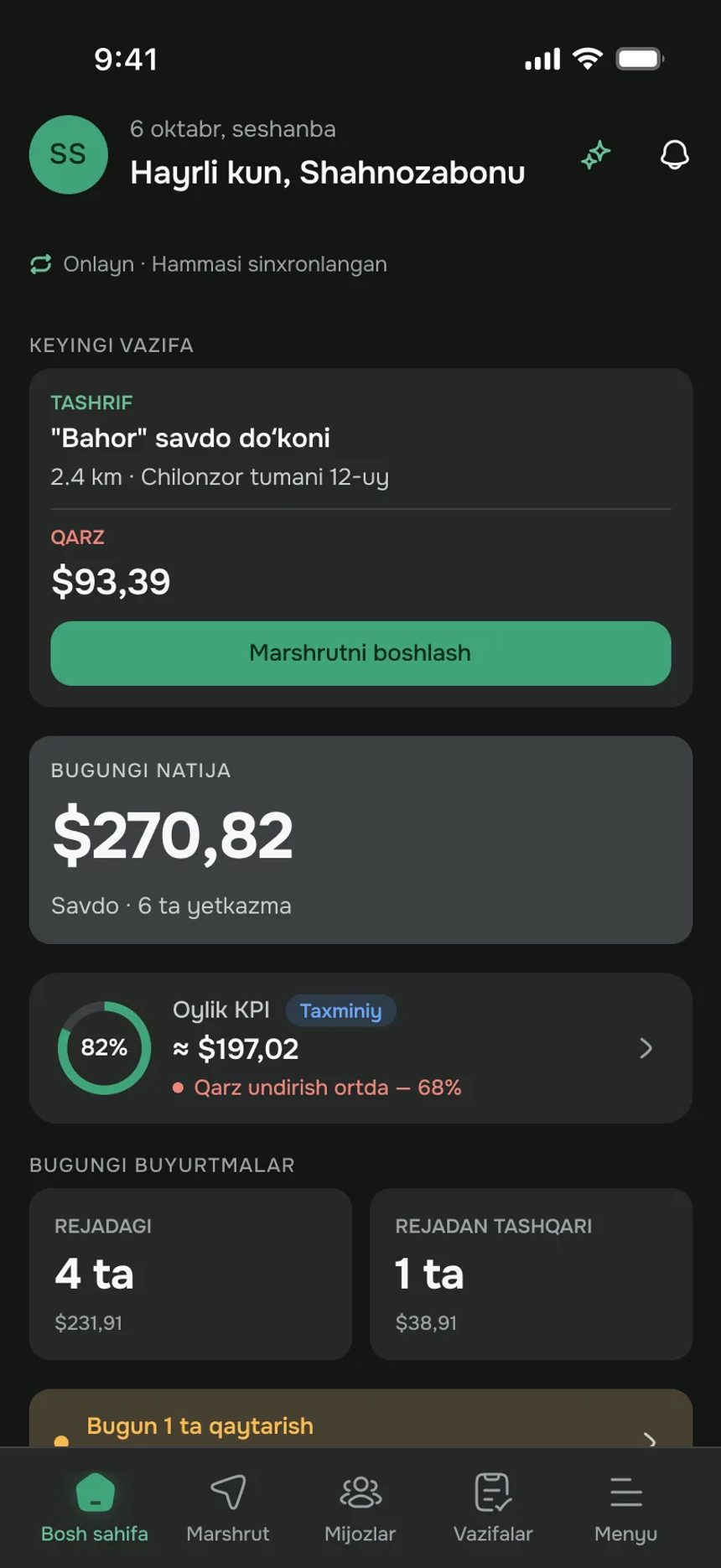 Bosh sahifa: keyingi vazifa va bugun