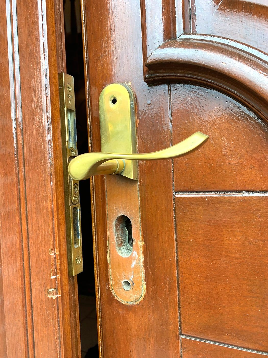 Gold handle on a varnished wooden door