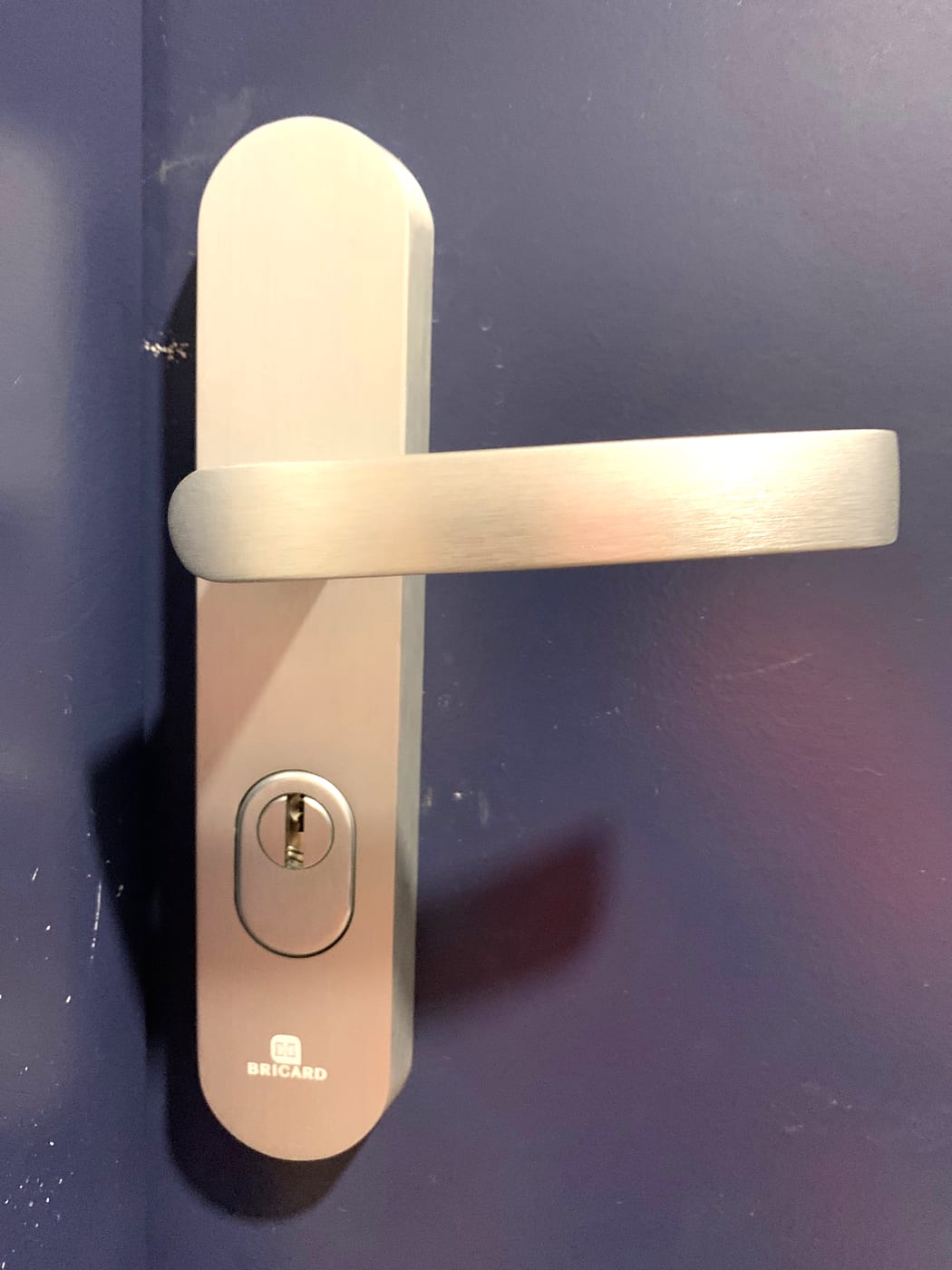 Brushed aluminium handle on a purple door