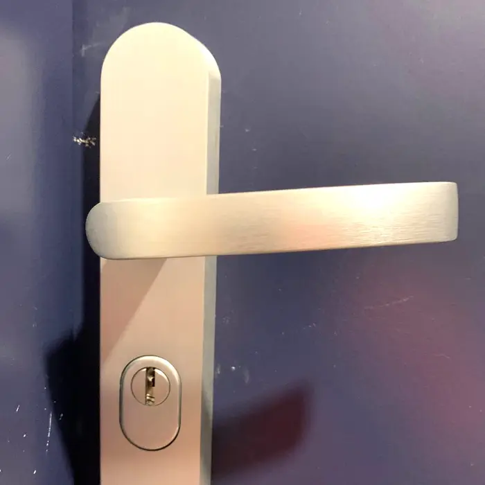 Brushed aluminium handle on a purple door