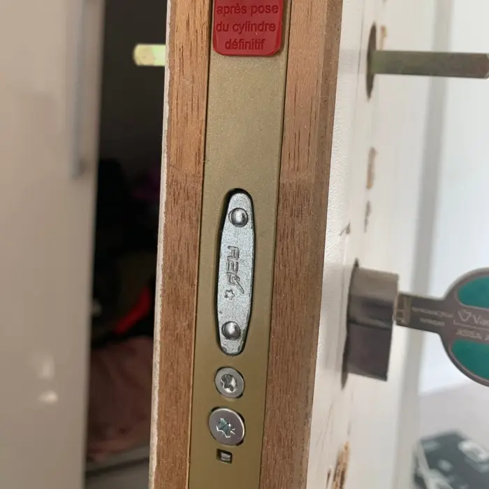 Edge of an open wooden door, metal parts set into it