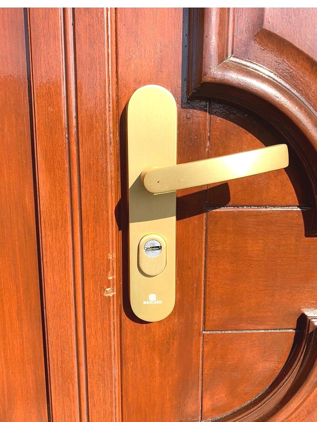Gold handle on a wooden door with a round window