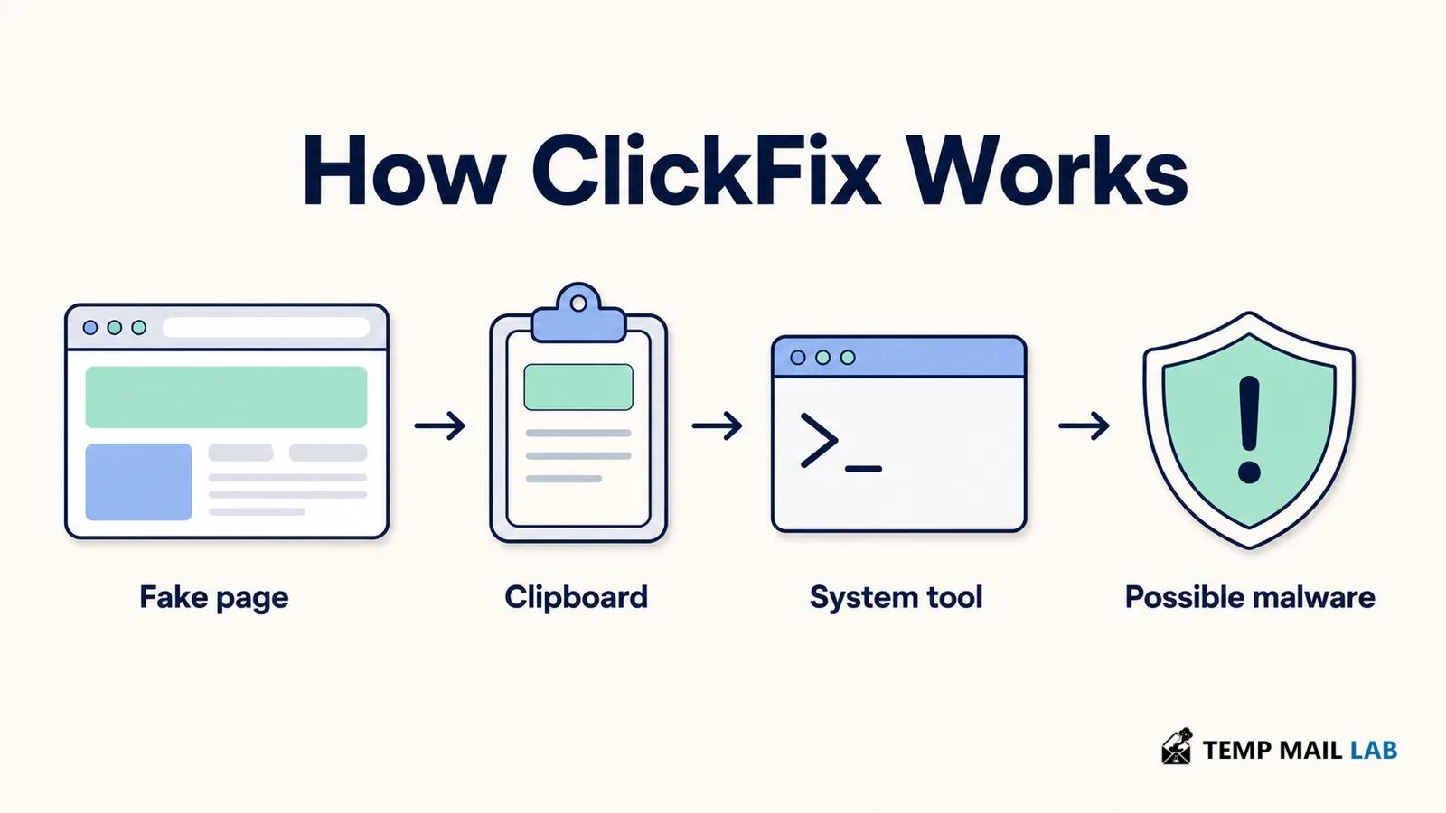 ClickFix flow from fake CAPTCHA prompt to command execution and malware