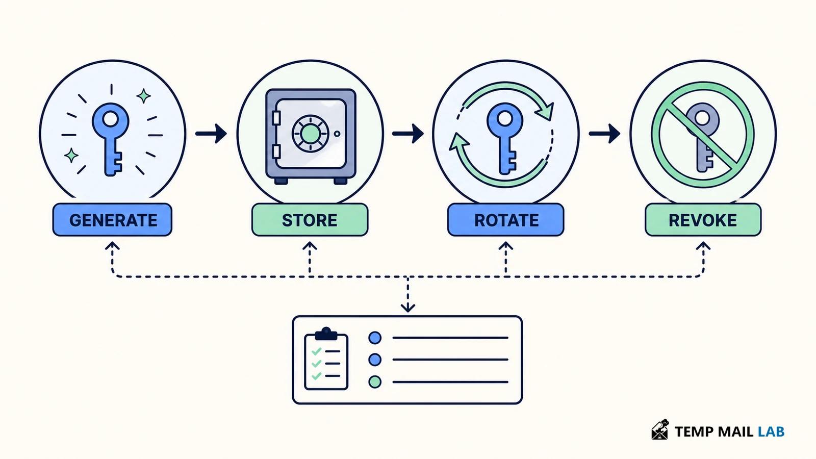 API key lifecycle from generation and storage through rotation and revocation.