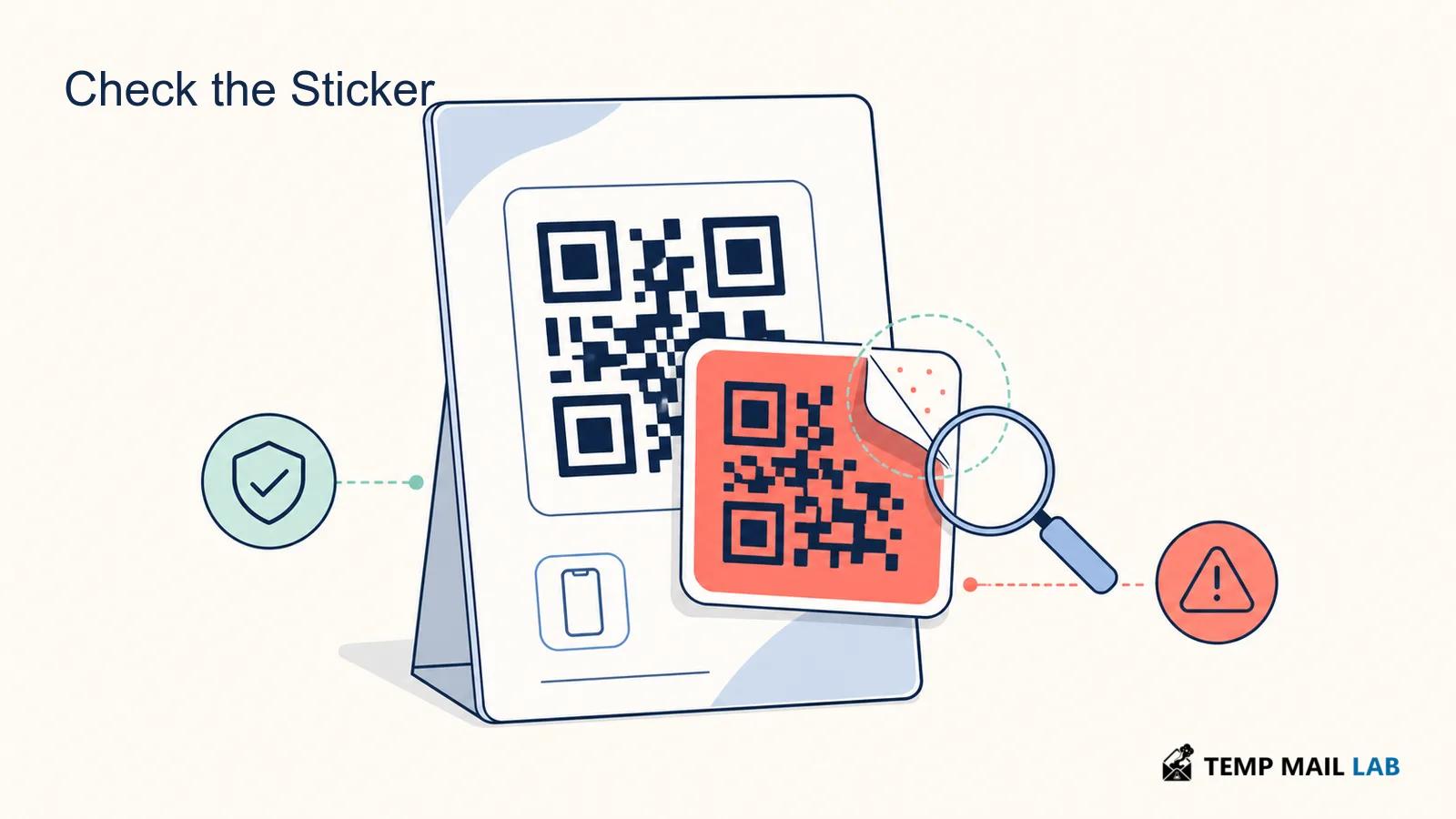 Suspicious sticker placed over a legitimate QR code with a magnifying glass