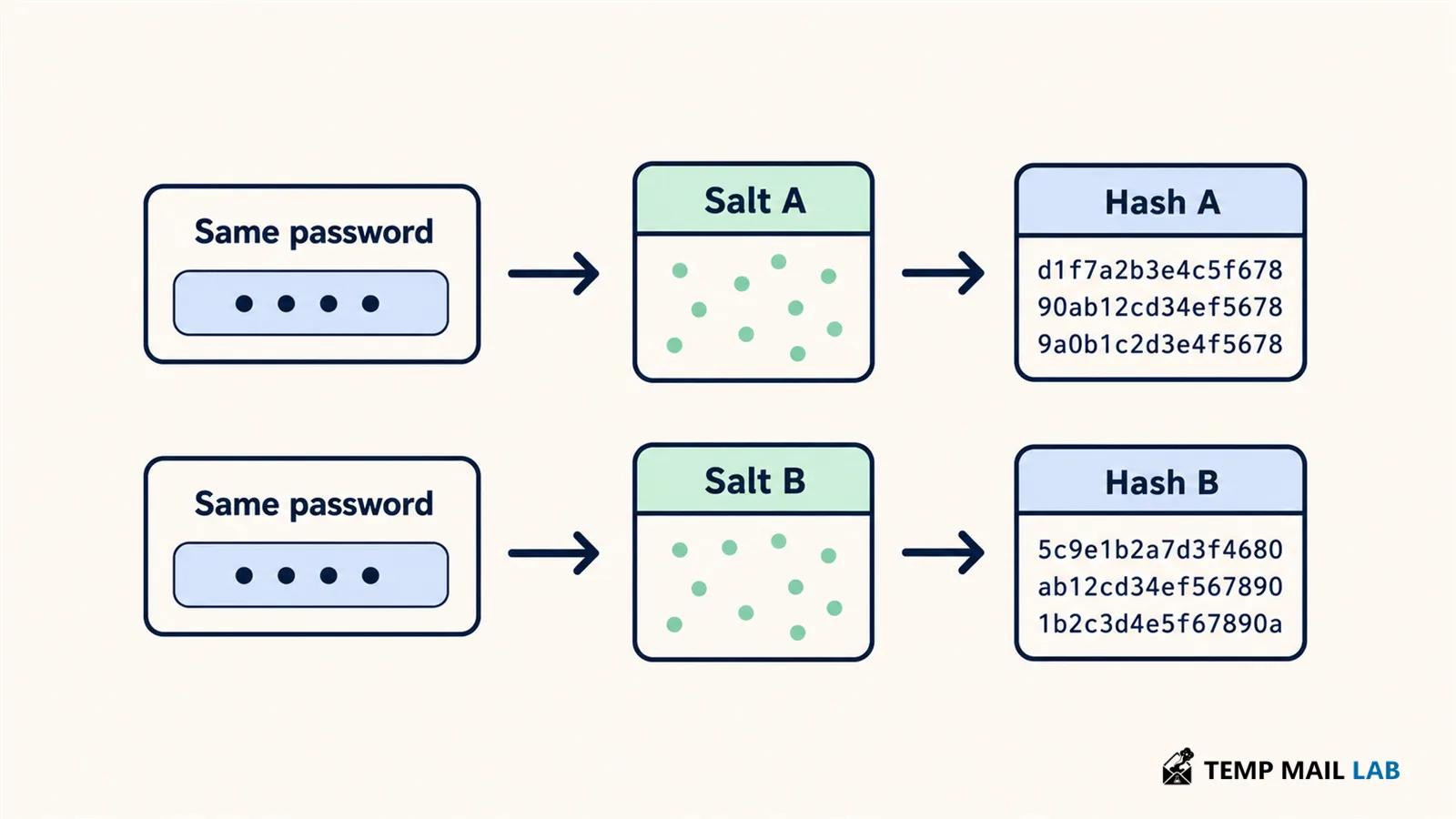 Two identical passwords receive different salts and produce different stored hashes.