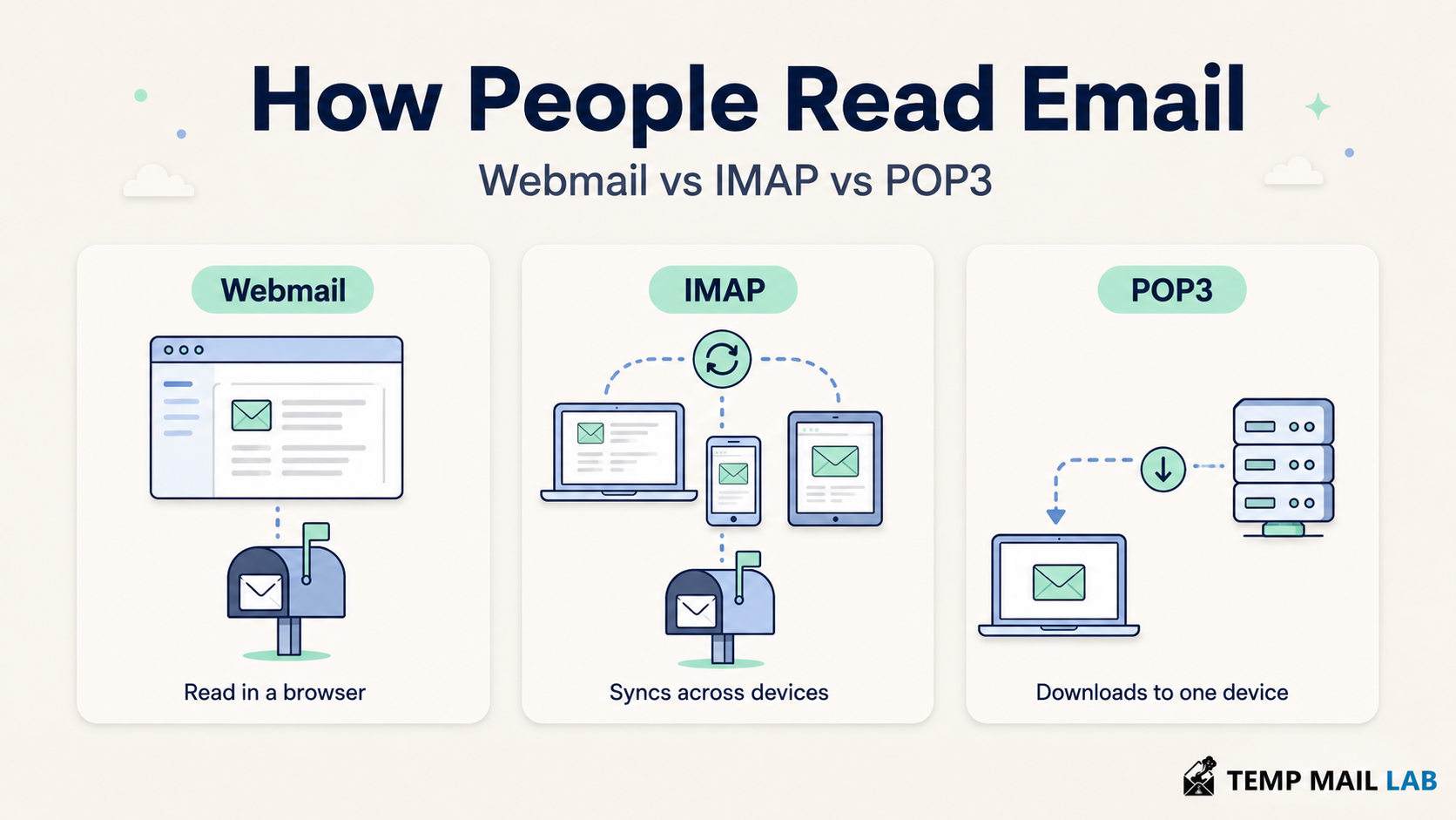 Comparison of webmail, IMAP, and POP3 for reading, downloading, and syncing email