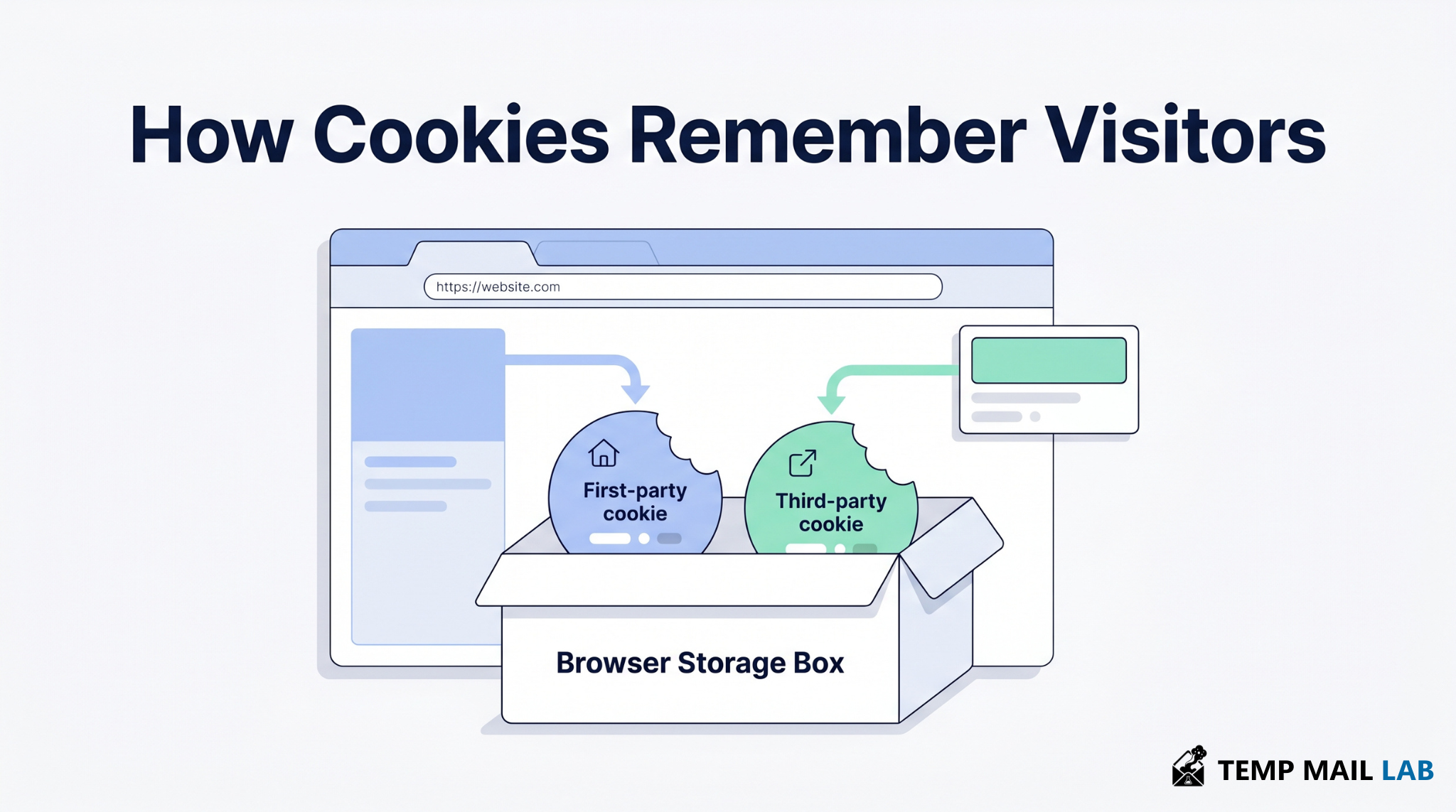 Illustration explaining first-party and third-party cookies stored in a browser to remember visitor preferences and activity