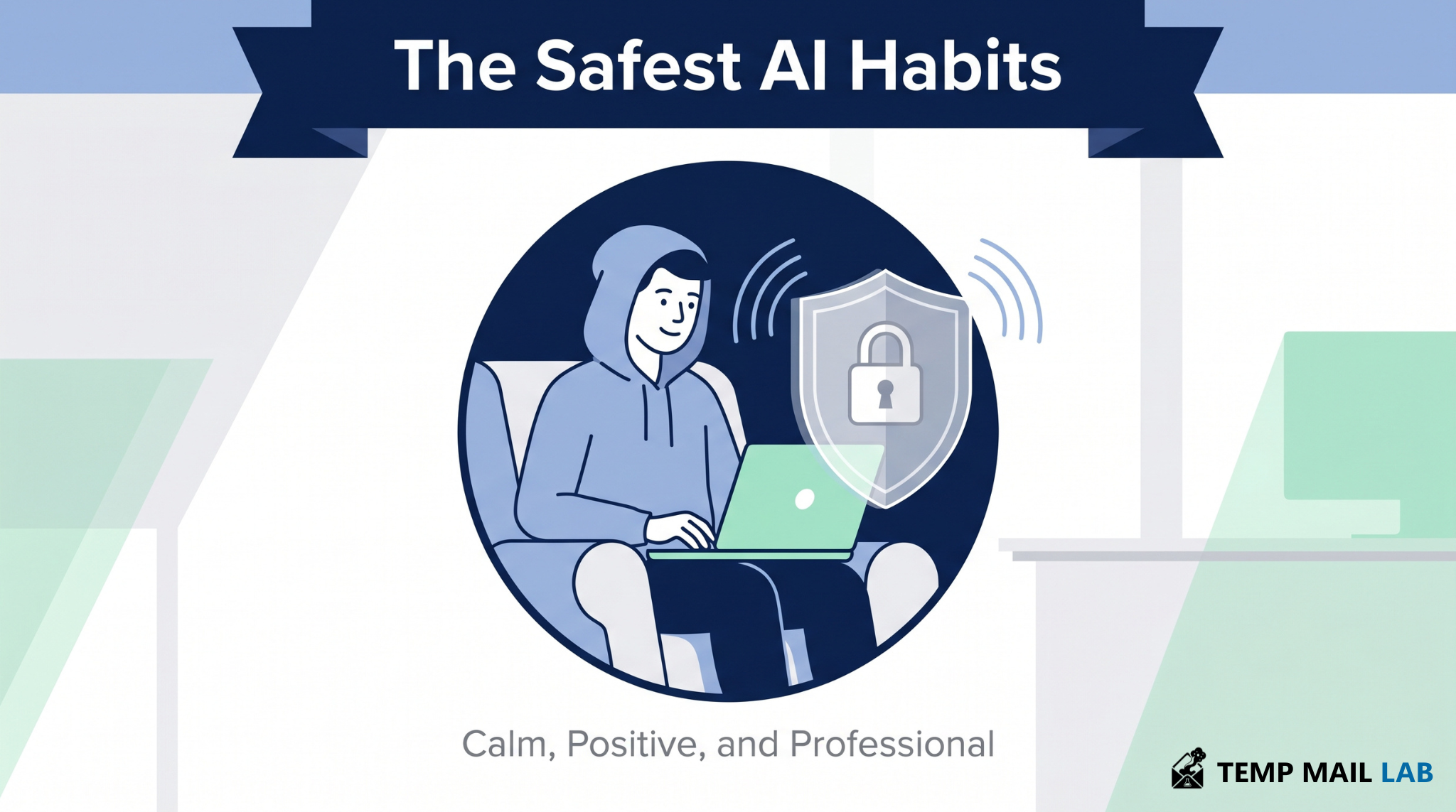 Illustration showing safe AI habits with privacy protection and secure use