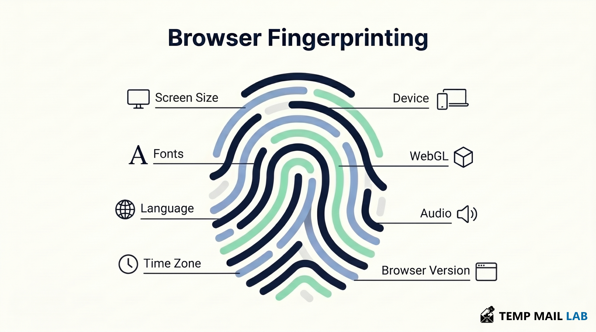 Browser fingerprinting illustration showing how device and browser characteristics can be combined to identify a visitor
