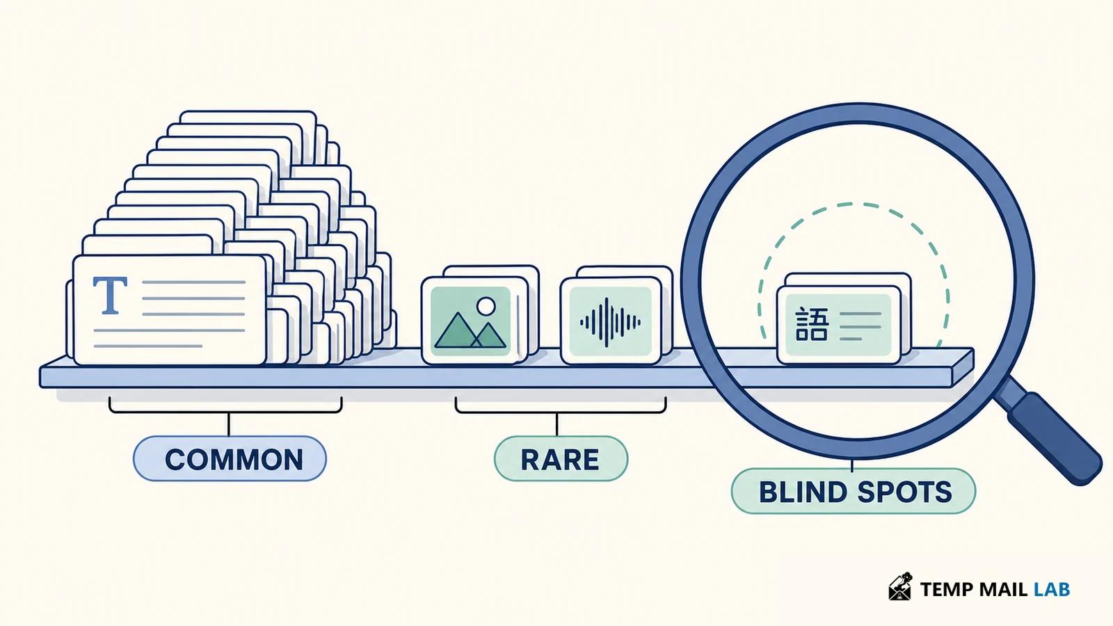 Common and rare training examples revealing blind spots in an uneven dataset.