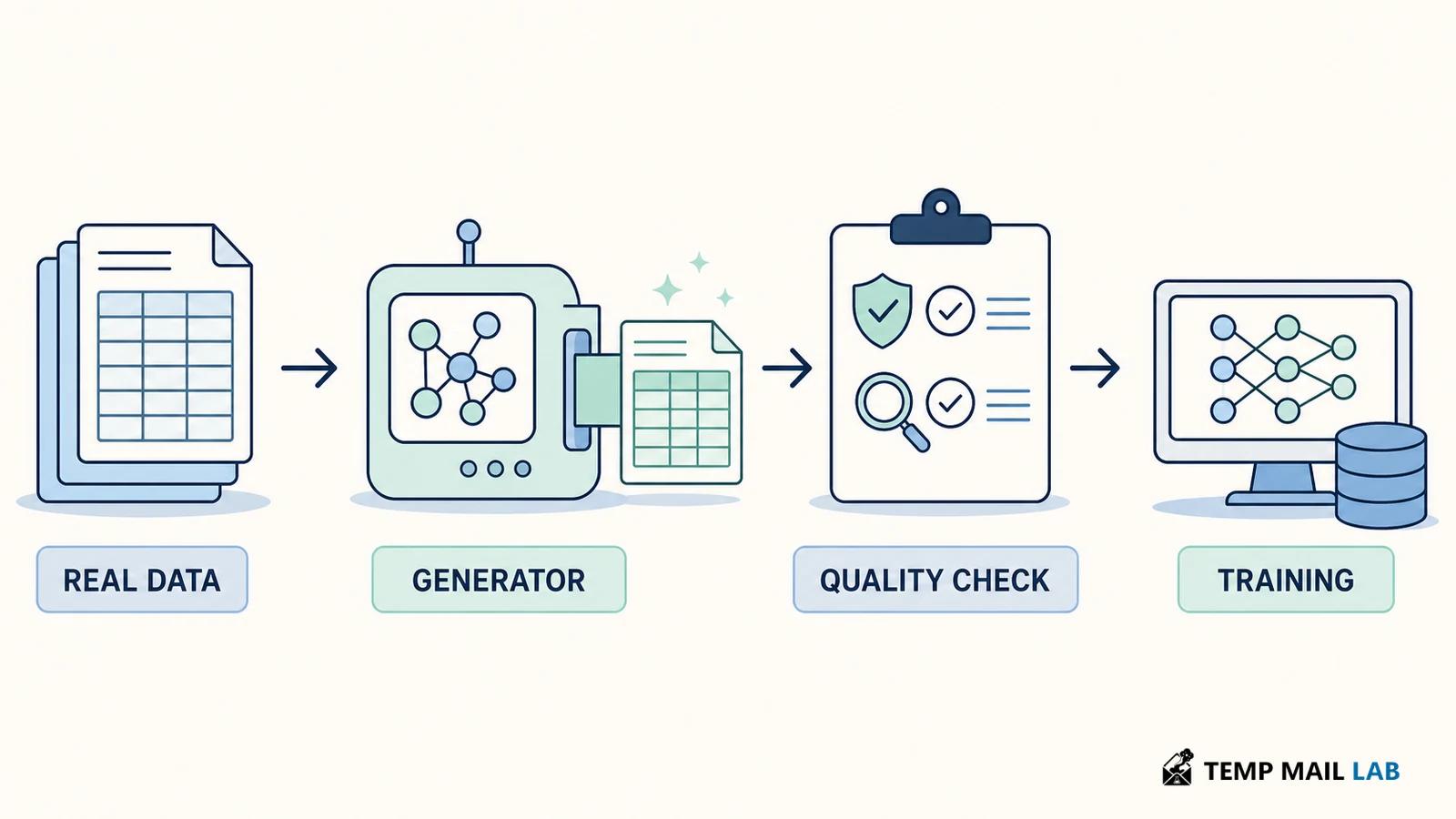 Synthetic data pipeline from real records through generation and quality checks into model training.