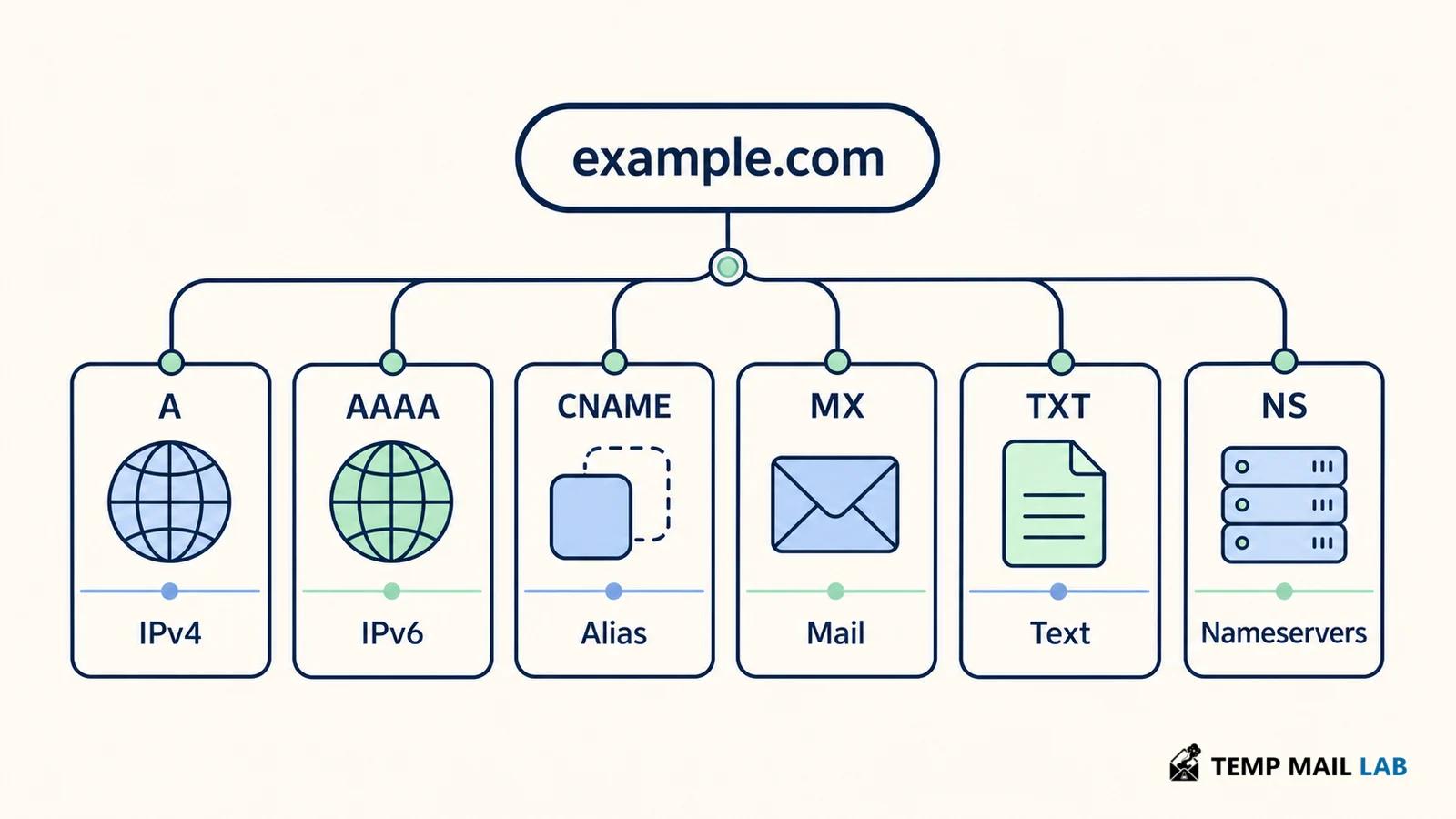 Common DNS records including A, AAAA, CNAME, MX, TXT, and NS shown as linked cards