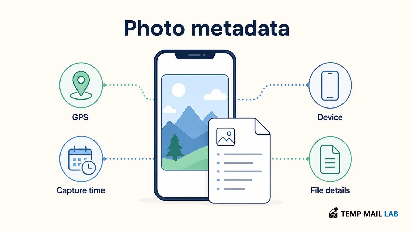 Photo metadata fields showing location, time, device, and file details
