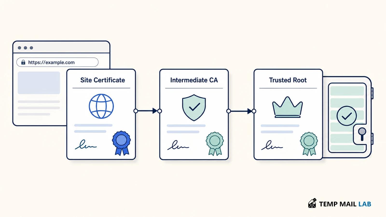 Certificate trust chain from a website certificate through an intermediate authority to a trusted root.
