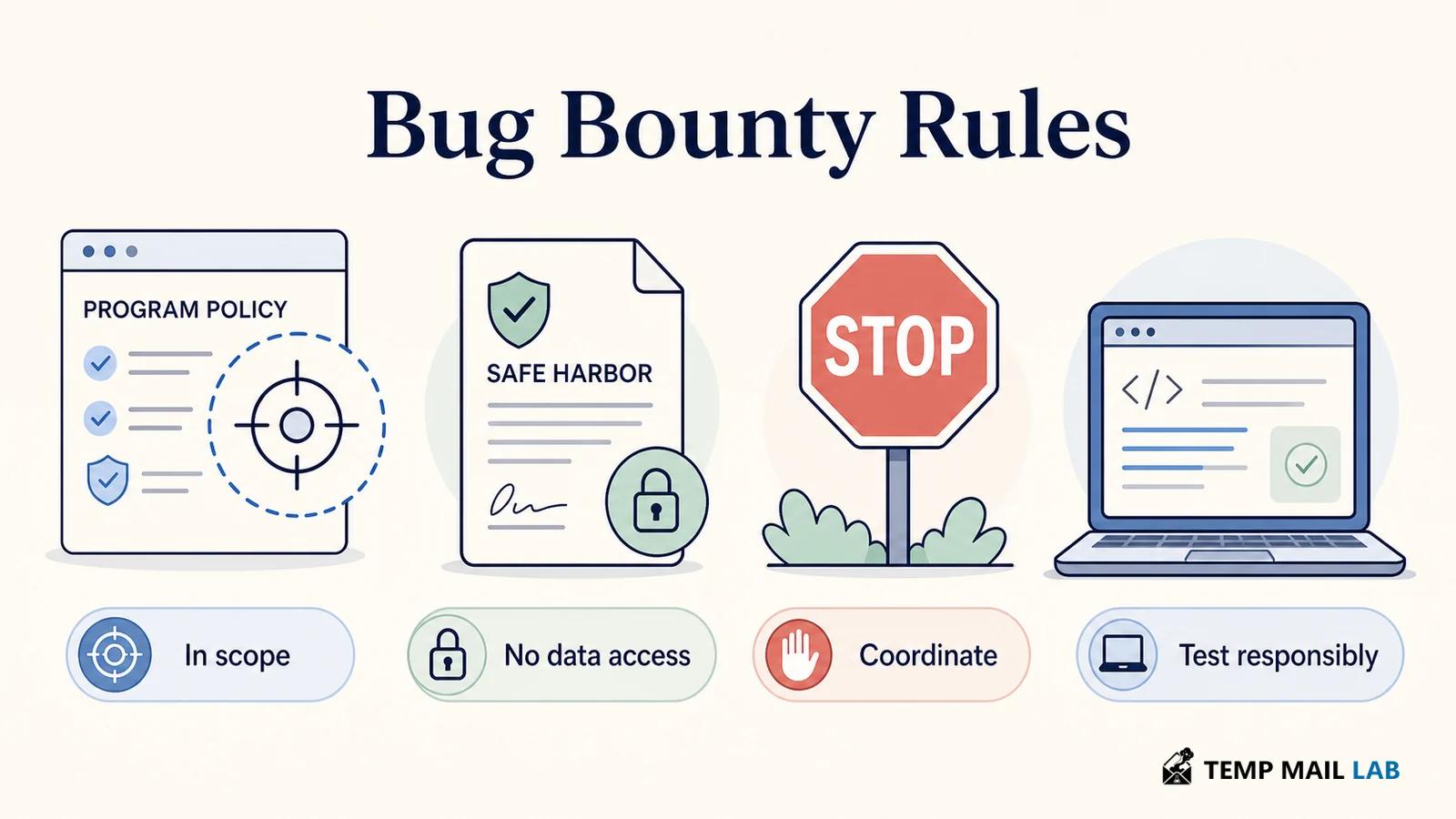 Bug bounty rules showing scope boundaries, safe harbor, and responsible testing.