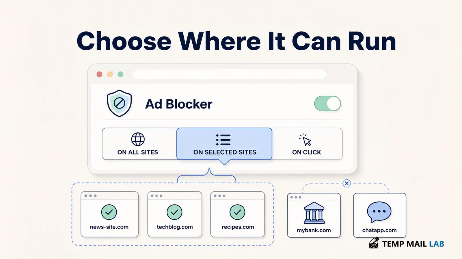 Browser extension controls limiting an ad blocker to selected websites