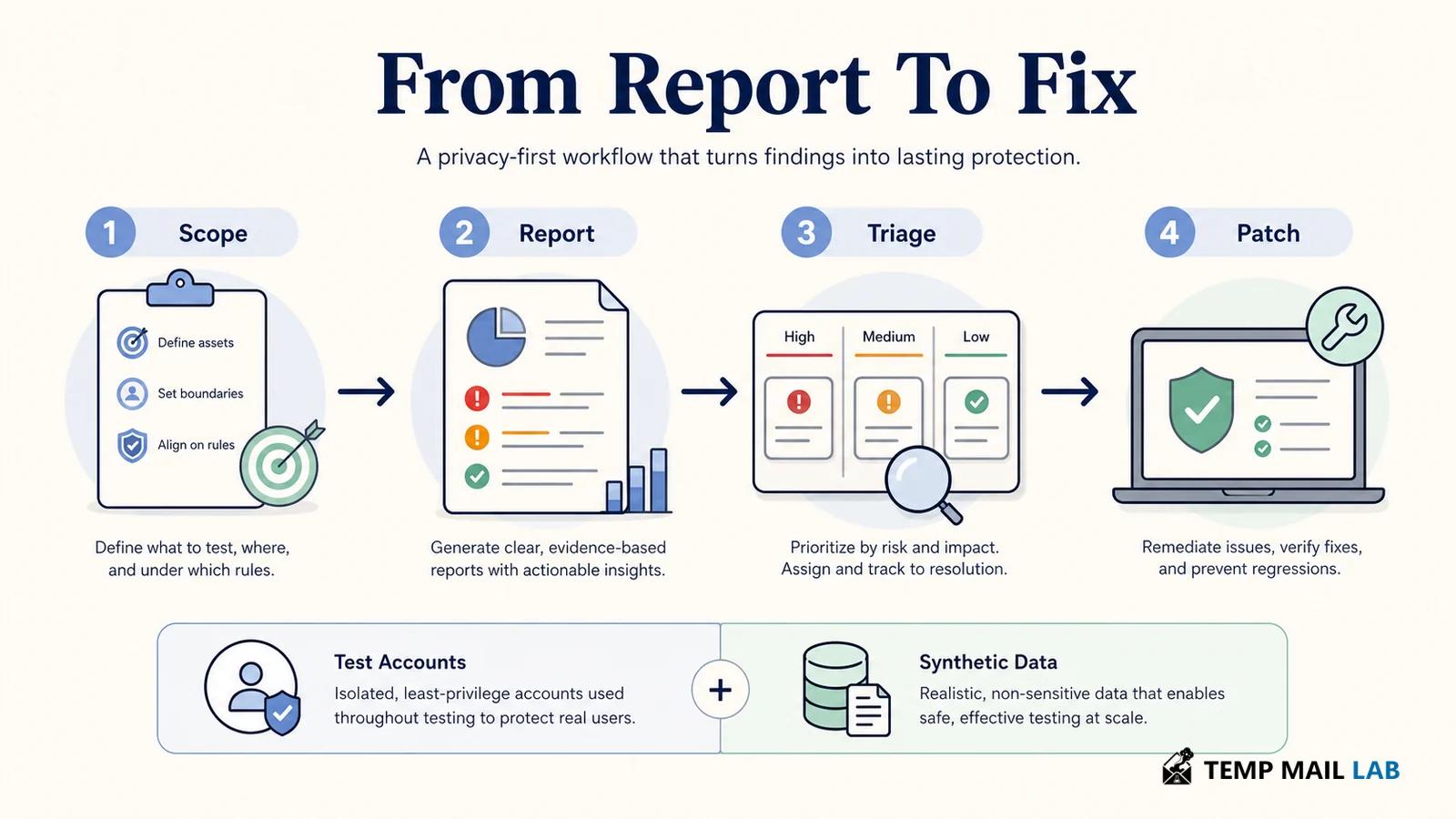 Authorized vulnerability research moving from defined scope to a verified finding and patch.