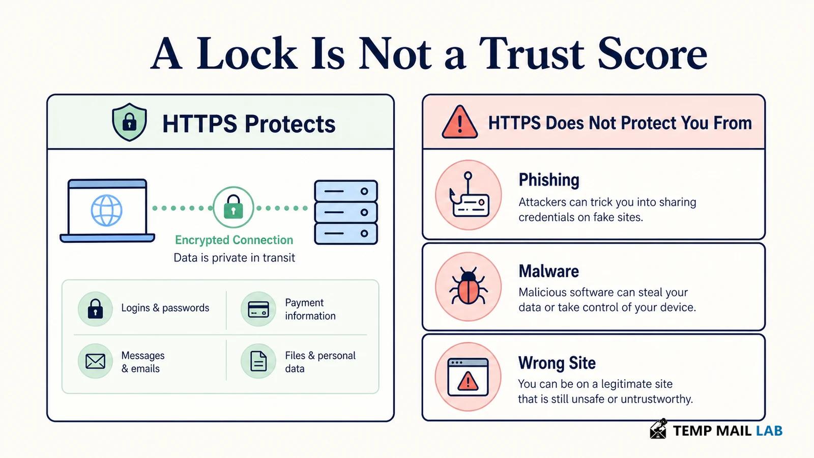 HTTPS protection contrasted with phishing, malware, and connecting to the wrong website.