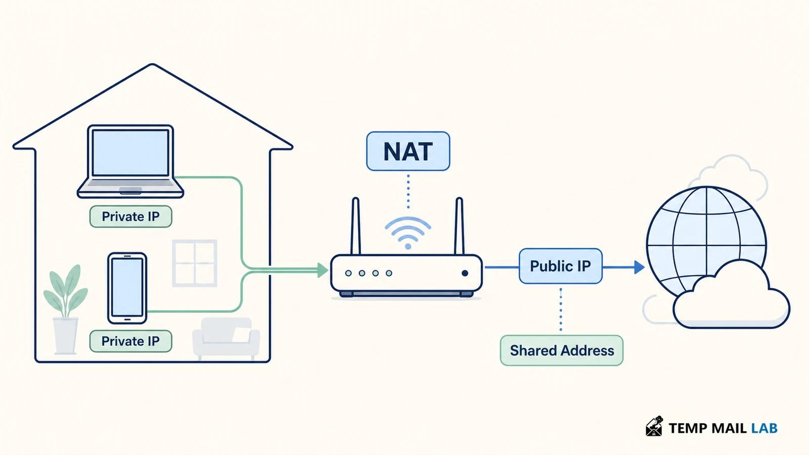 Private network addresses translated by NAT into one shared public IP address