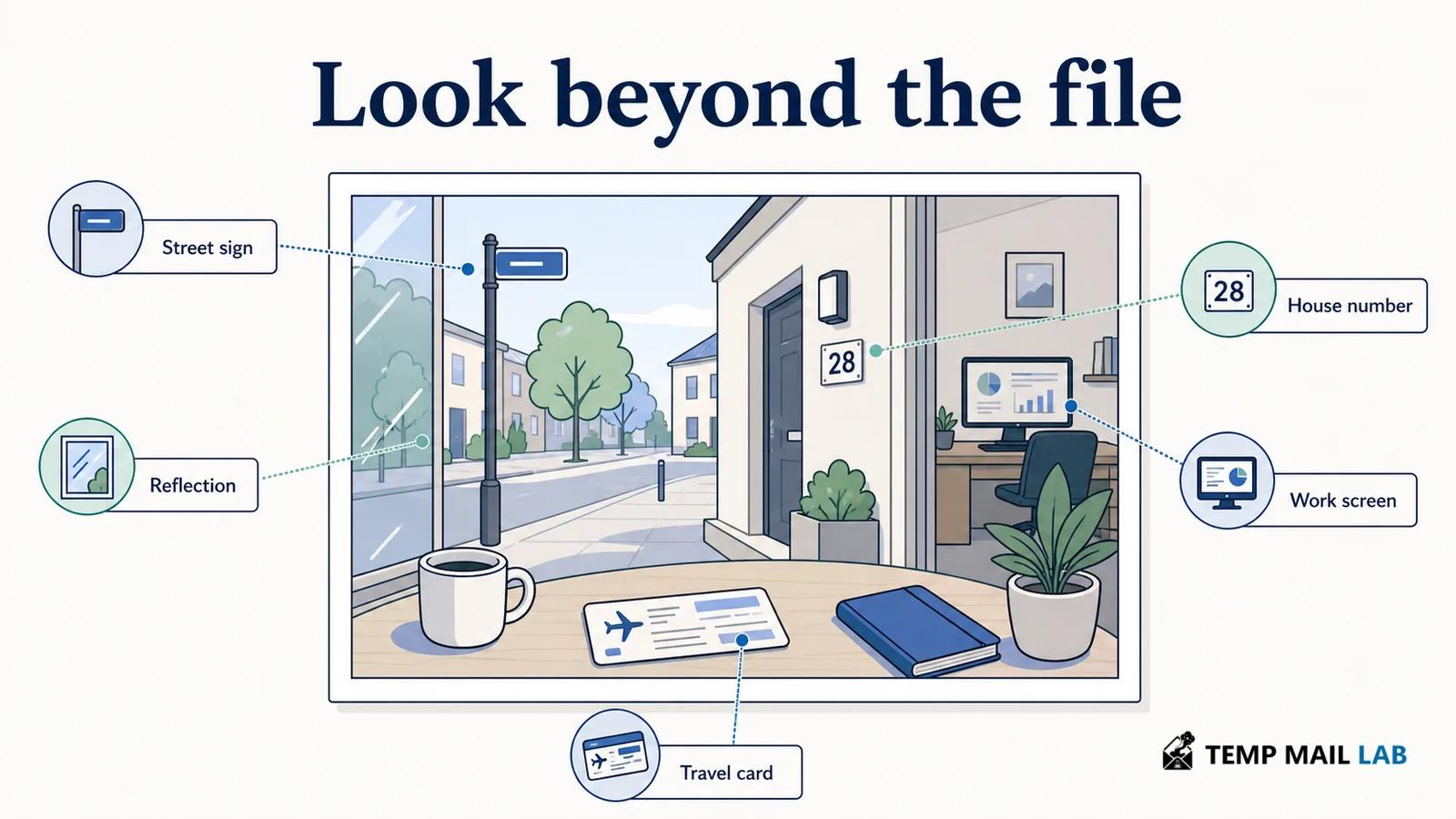 Visible photo clues including signs, reflections, documents, and background details