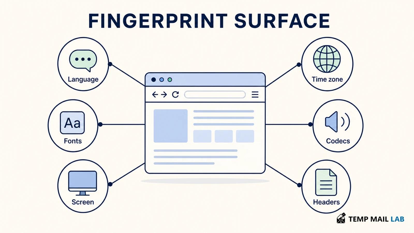 Browser fingerprint surface made from language, fonts, screen, codecs, and headers.