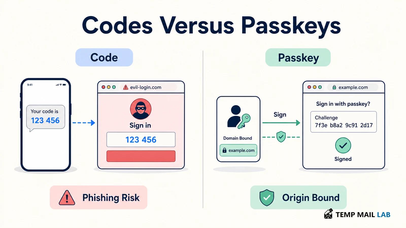 Comparison of one-time codes and origin-bound passkeys for phishing resistance.