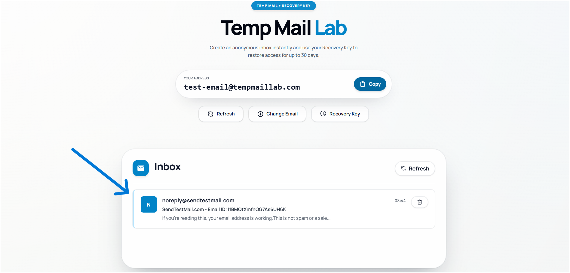 Generate temp email with recovery key and receiving the messages and OTP I tempmaillab.com
