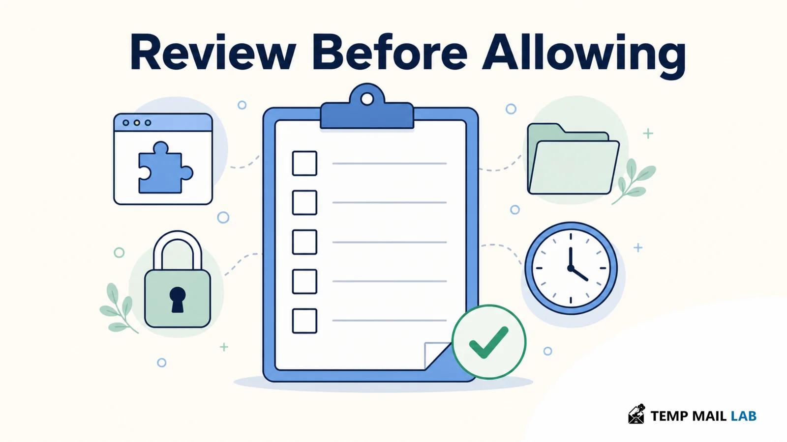 Permission review checklist with extension, lock, folder, and time icons.