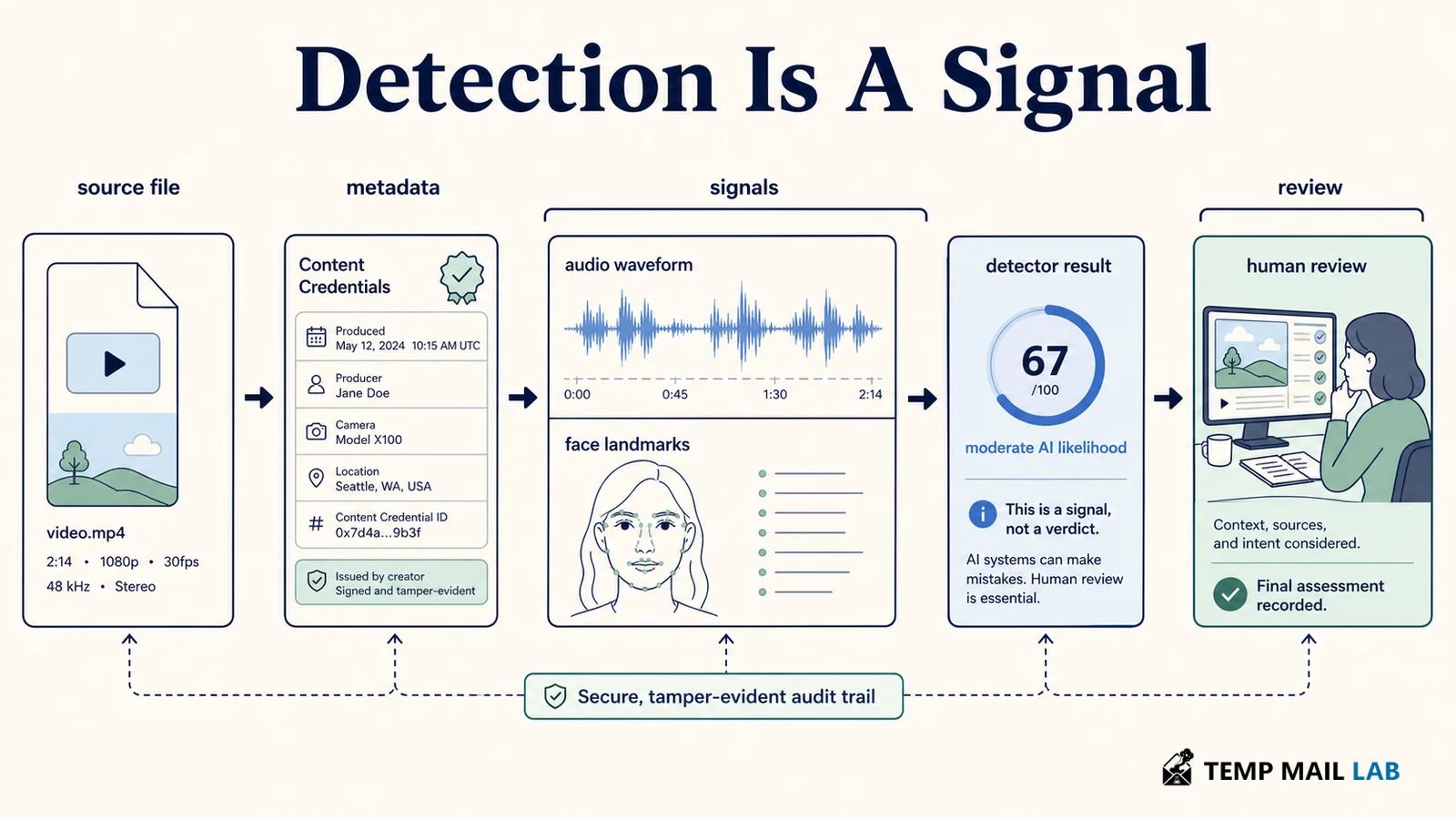 Synthetic media review pipeline treating detection output as a signal followed by human review.