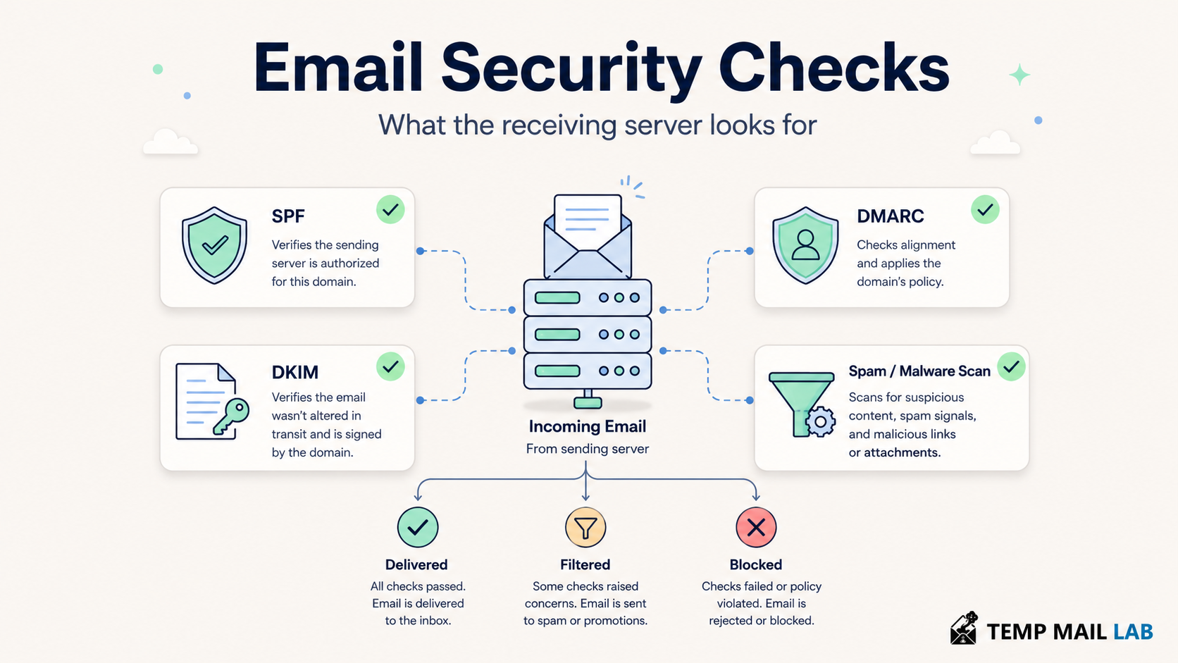 Diagram showing SPF, DKIM, DMARC, and spam or malware checks performed by a receiving email server