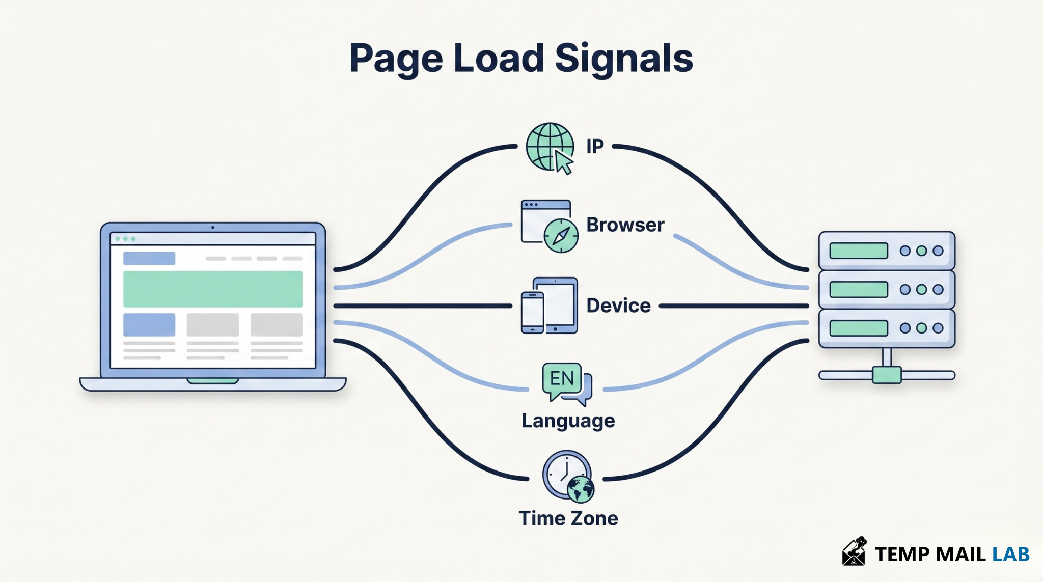 Diagram showing information shared between a browser and a website server including IP address, browser type, device, language, and time zone