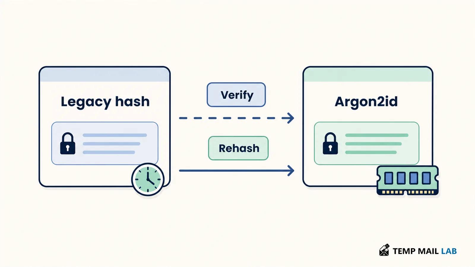 A successful login triggers a controlled upgrade from a legacy hash to Argon2id.